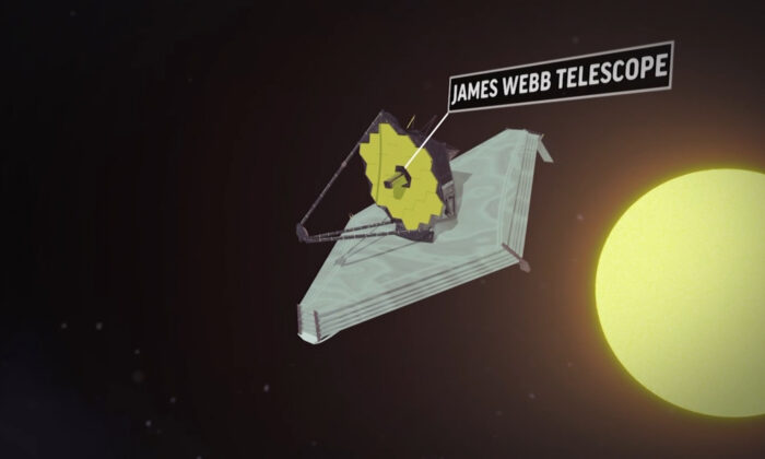 An animation screenshot of the James Webb Space Telescope in space. (AP/Screenshot via The Epoch Times)