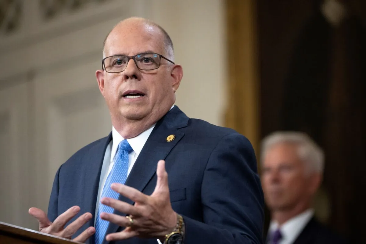 Maryland Governor Larry Hogan holds a news conference on the state's COVID-19 situation, at the Maryland State Capitol in Annapolis, on Aug. 5, 2021. (Drew Angerer/Getty Images)