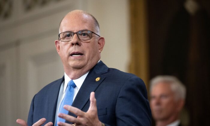 Maryland Gov. Larry Hogan holds a news conference on the state's COVID-19 situation, at the Maryland State Capitol in Annapolis, Md., on Aug. 5, 2021. (Drew Angerer/Getty Images)