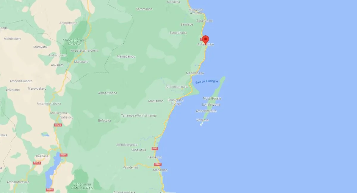 A map showing the location of Antanambe port in Madagascar's northeastern coast area. (Google Maps/Screenshot via The Epoch Times)