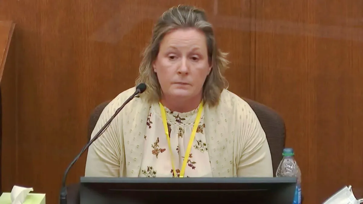 Former Brooklyn Center Police Officer Kim Potter takes questions from the prosecution as she testifies in court, at the Hennepin County Courthouse in Minneapolis, Minn., on Dec. 17, 2021. (Court TV via AP)