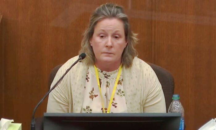 Former Brooklyn Center Police Officer Kim Potter takes questions from the prosecution as she testifies in court, at the Hennepin County Courthouse in Minneapolis, Minn., on Dec. 17, 2021. (Court TV via AP)