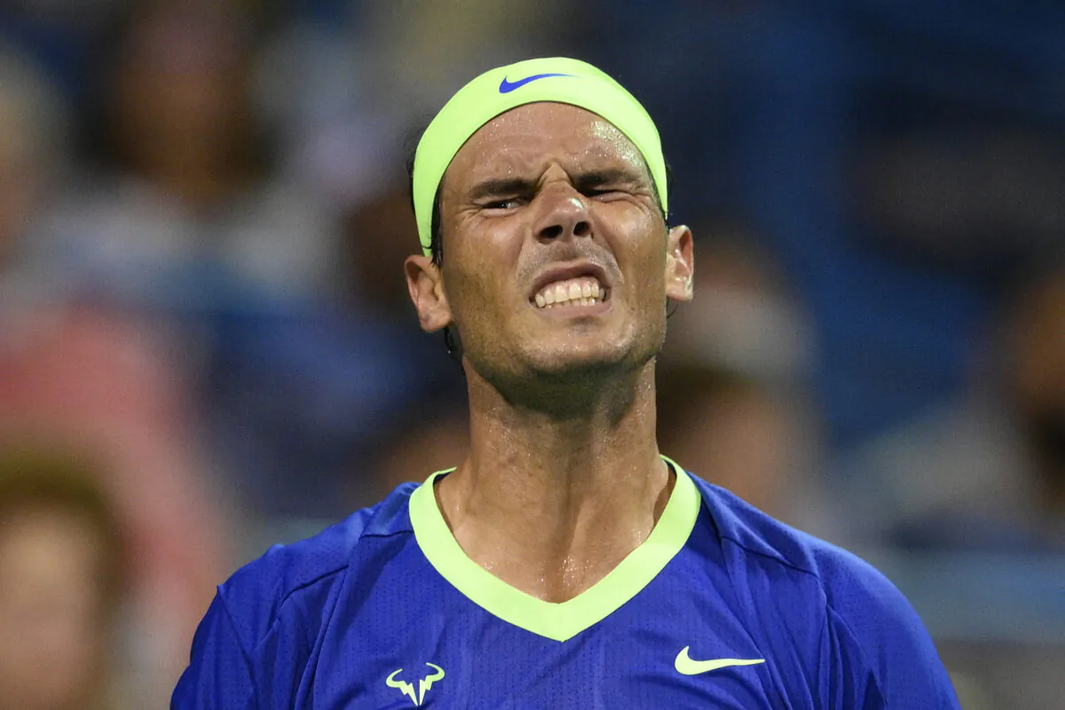 Rafael Nadal, of Spain, reacts during a match against Lloyd Harris, of South Africa, at the Citi Open tennis tournament in Washington on Aug. 5, 2021. (Nick Wass/AP Photo)