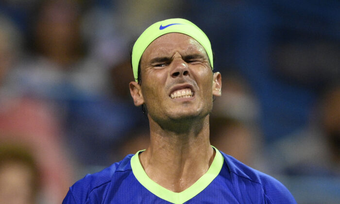 Rafael Nadal, of Spain, reacts during a match against Lloyd Harris, of South Africa, at the Citi Open tennis tournament in Washington on Aug. 5, 2021. (Nick Wass/AP Photo)