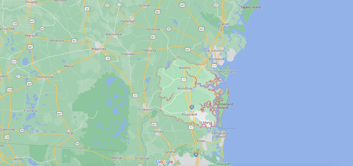 A map showing Camden County in Georgia. (Google Maps/Screenshot via The Epoch Times)
