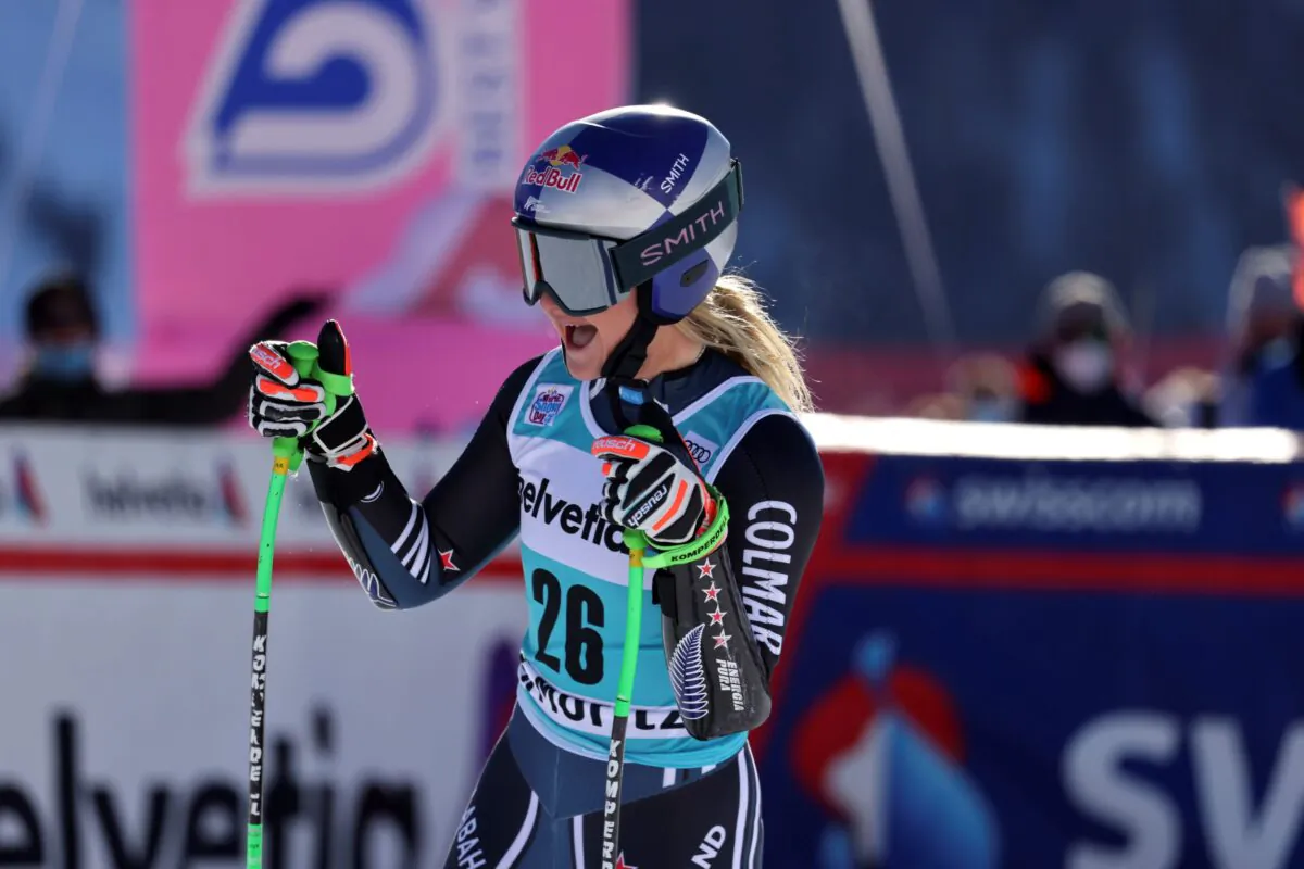 New Zealand's Alice Robinson celebrates in the finish area of an alpine ski, women's World Cup super-G in St. Moritz, Switzerland, on Dec. 12, 2021. (Marco Trovati/AP Photo)