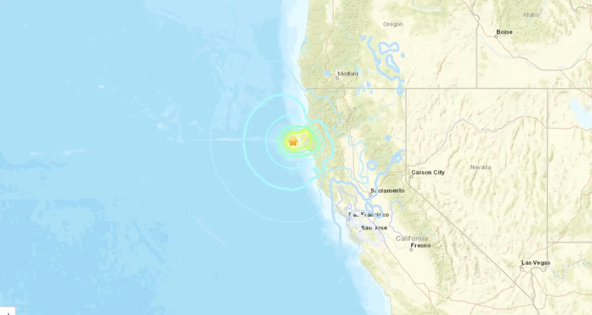 A map showing the location of a 6.2 magnitude earthquake offshore in the Cape Mendocino area of Northern California, on Dec. 20, 2021. (USGS/Screenshot via The Epoch Times)