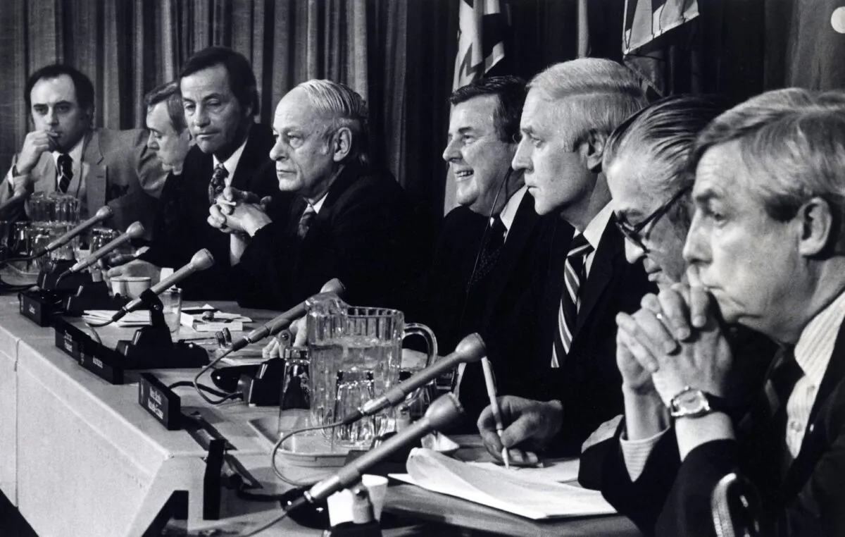 Eight provincial premiers attend a news conference in Ottawa on April 16, 1981, where they endorsed the federal government's proposed constitutional changes. 
(L-R) Brian Peckford of Newfoundland, Allan Blakeney of Saskatchewan, William Bennett of British Columbia, Rene Levesque of Quebec, Sterling Lyon of Manitoba, John Buchanan of Nova Scotia, Angus MacLean of PEI, and Peter Lougheed of Alberta. (The Canadian Press/Peter Bregg)