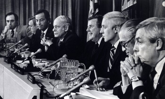 Eight provincial premiers attend a news conference in Ottawa on April 16, 1981, where they endorsed the federal government's proposed constitutional changes. 
(L-R) Brian Peckford of Newfoundland, Allan Blakeney of Saskatchewan, William Bennett of British Columbia, Rene Levesque of Quebec, Sterling Lyon of Manitoba, John Buchanan of Nova Scotia, Angus MacLean of PEI, and Peter Lougheed of Alberta. (The Canadian Press/Peter Bregg)