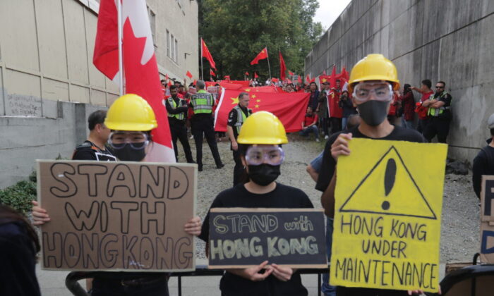 Protesters take part in a rally against the proposed Hong Kong extradition bill, in Vancouver on Aug. 17, 2019. (Darryl Dyck/The Canadian Press)