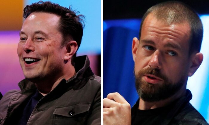 (L): Elon Musk speaks at the E3 gaming convention in Los Angeles, On June 13, 2019. (R): Jack Dorsey speaks at the Consensus 2018 blockchain technology conference in New York on May 16, 2018. (Mike Blake, Mike Segar/Reuters)