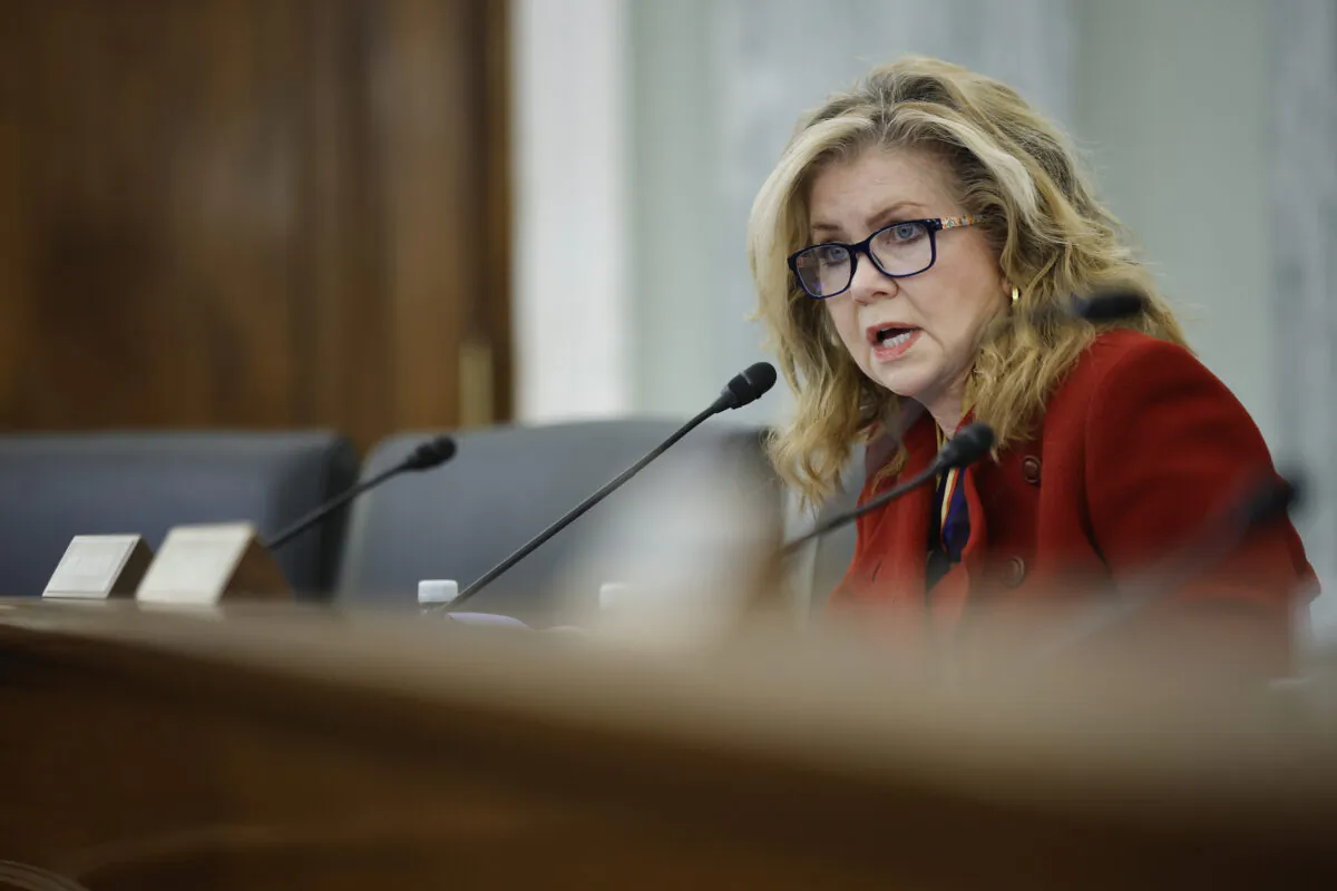 Sen. Marsha Blackburn (R-Tenn.) participates in a Senate Commerce, Science, and Transportation Committee hearing on oversight of the airline industry, in the Russell Senate Office Building on Capitol Hill on Dec. 15, 2021 in Washington. (Chip Somodevilla/Getty Images)