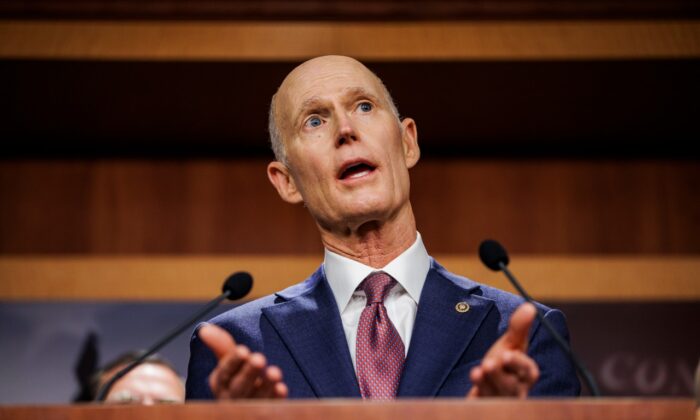 Sen. Rick Scott (R-Fla.) speaks alongside other Republican Senators during a press conference on rising gas an energy prices at the U.S. Capitol on Oct. 27, 2021 in Washington. (Samuel Corum/Getty Images)