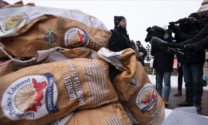 Prince Edward Island Premier Dennis King speaks with media as bags of potatoes sit on a table, Dec. 8, 2021 in Ottawa. (The Canadian Press/Adrian Wyld)