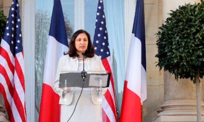 Charge d'Affaires at the U.S. embassy in Paris Uzra Zeya (R) delivers a speech during a reception at the US embassy in Paris, on April 6, 2017. (Jacques Demarthon/AFP via Getty Images)