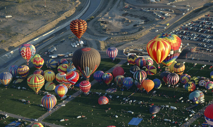 An aerial view of the first wave of the balloons that were launched at the Albuquerque International Balloon Fiesta. (John Bashian/Getty Images)