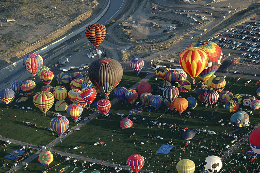 An aerial view of the first wave of the balloons that were launched at the Albuquerque International Balloon Fiesta. (John Bashian/Getty Images)