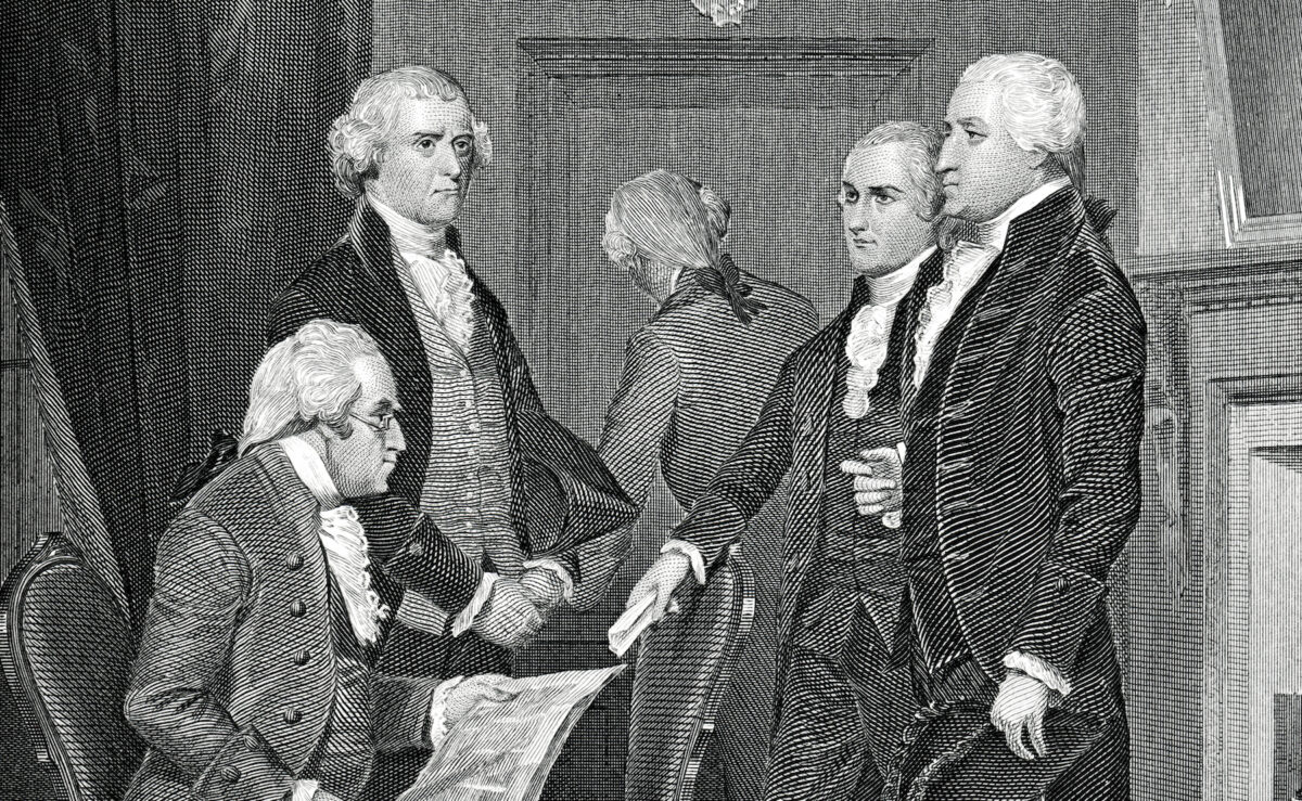 Engraving from 1881 commemorating the first presidential cabinet: (L-R) Henry Knox, Thomas Jefferson, Edmond Randolph, Alexander Hamilton, and President George Washington. (DigitalVision Vectors/Getty)