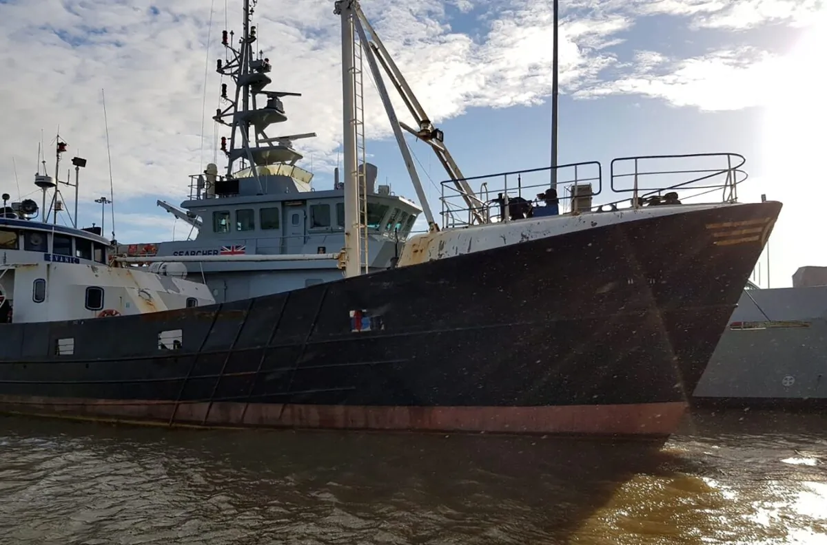 This undated handout shows the 30m-long trawler, called the Svanic, which was used to attempt to smuggle 69 Albanian migrants into the UK in Great Yarmouth on Nov. 17, 2020. (National Crime Agency/PA)