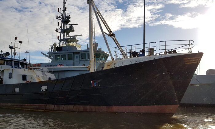 This undated handout shows the 30m-long trawler, called the Svanic, which was used to attempt to smuggle 69 Albanian migrants into the UK in Great Yarmouth on Nov. 17, 2020. (National Crime Agency/PA)