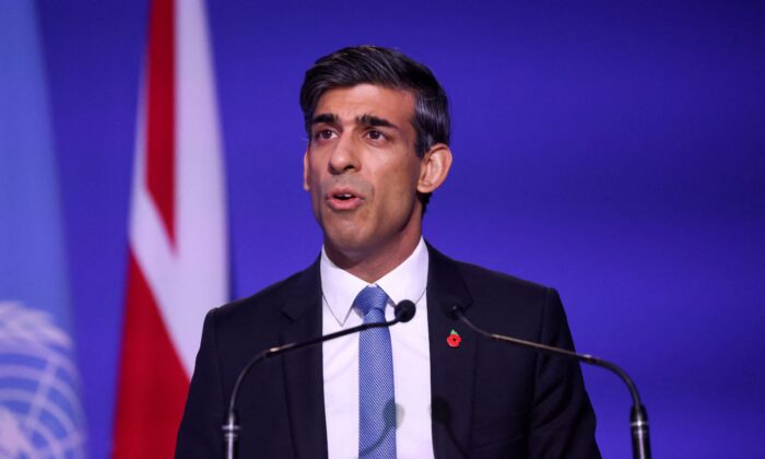 Britain's Chancellor of the Exchequer Rishi Sunak speaks during the UN Climate Change Conference (COP26) in Glasgow, Scotland, on Nov. 3, 2021. (Yves Herman/Reuters)