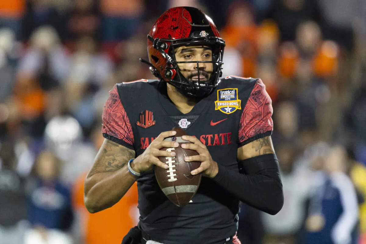 San Diego State quarterback Lucas Johnson (7) looks to pass during the first half of the Frisco Bowl NCAA college football game against UTSA, in Frisco, Texas, on Dec. 21, 2021. (Sam Hodde/AP Photo)