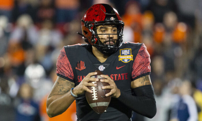 San Diego State quarterback Lucas Johnson (7) looks to pass during the first half of the Frisco Bowl NCAA college football game against UTSA, in Frisco, Texas, on Dec. 21, 2021. (Sam Hodde/AP Photo)