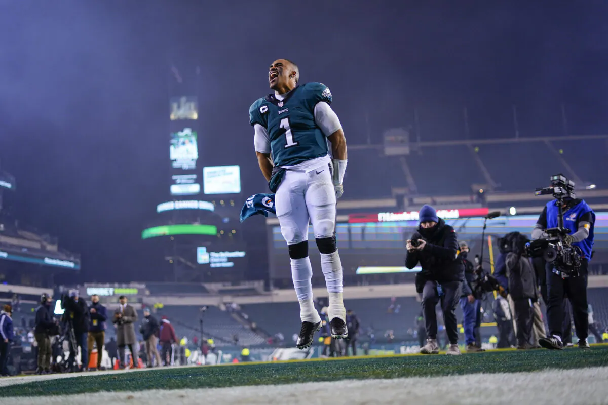 Philadelphia Eagles quarterback Jalen Hurts celebrates, as he leaves the field after an NFL game against the Washington Football Team in Philadelphia, on Dec. 21, 2021. (Matt Slocum/AP Photo)