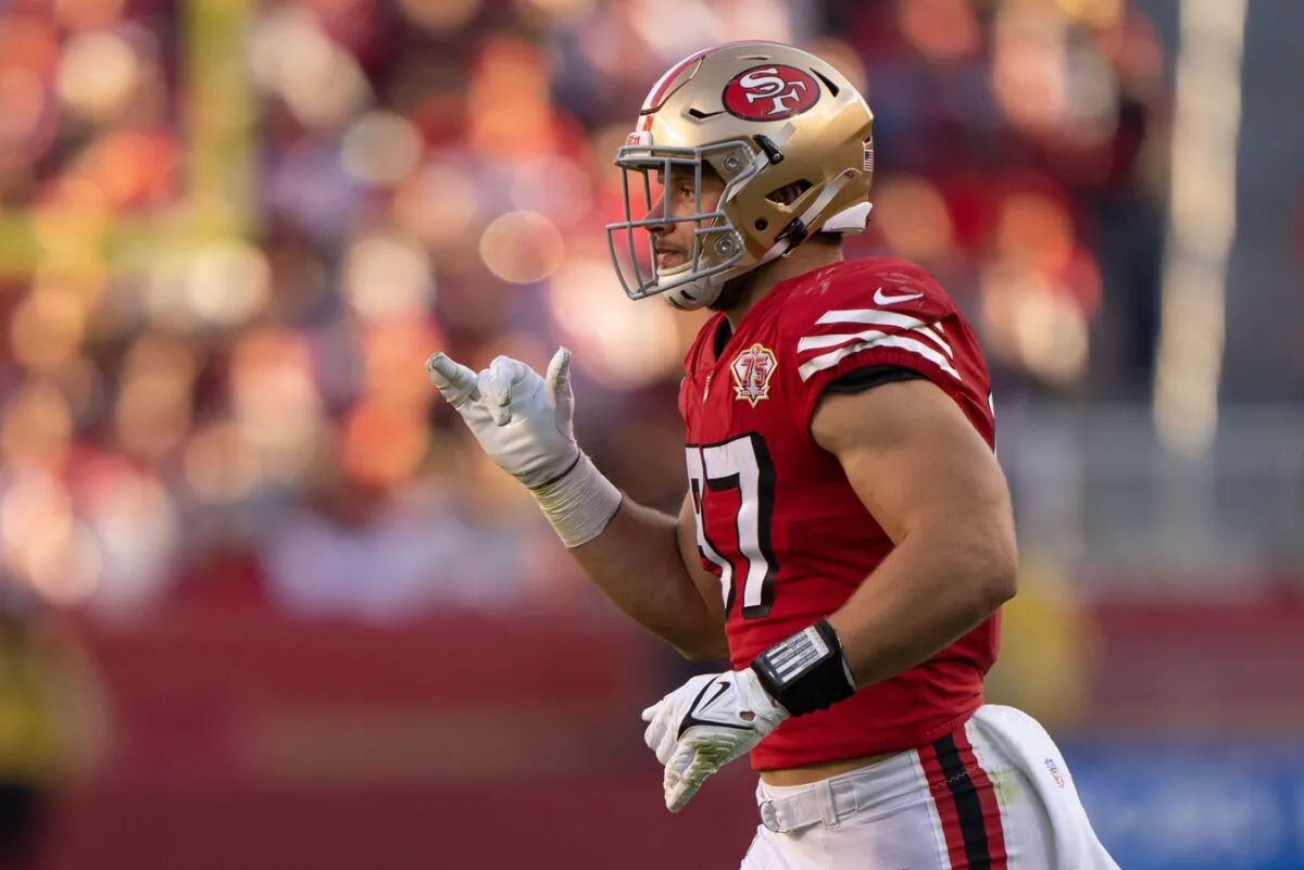 49ers defensive end Nick Bosa (97) signals during the fourth quarter against the Atlanta Falcons at Levi's Stadium, in Santa Clara, Calif., on Dec. 19, 2021. (Stan Szeto/USA TODAY Sports via Field Level Media)
