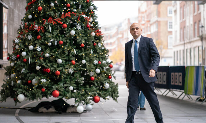 Health Secretary Sajid Javid arrives at BBC Broadcasting House in London on Dec. 19, 2021. (Dominic Lipinski/PA)