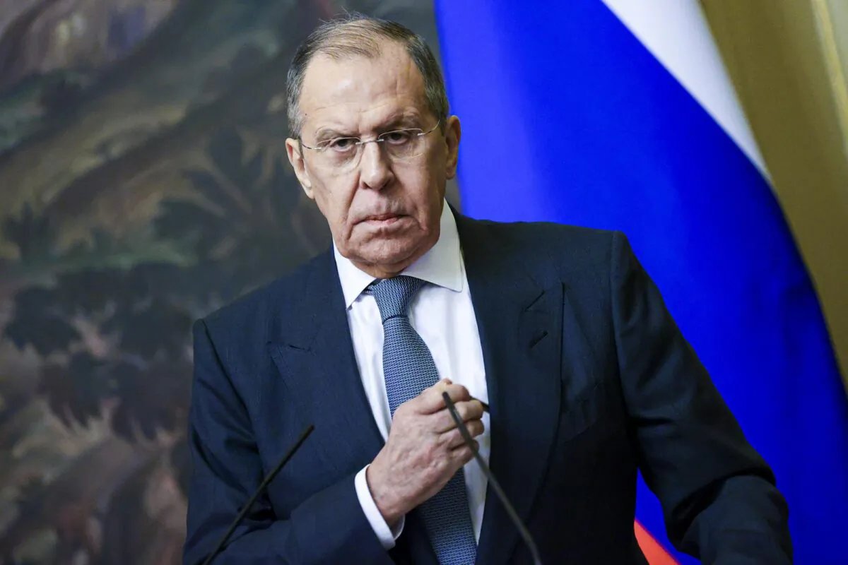 In this photo released by the Russian Foreign Ministry Press Service, Russian Foreign Minister Sergey Lavrov pauses during his and Brazilian Foreign Minister Carlos Franca's joint news conference following their talks in Moscow, Russia, on Nov. 30, 2021. (Russian Foreign Ministry Press Service via AP)