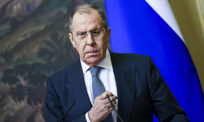 In this photo released by the Russian Foreign Ministry Press Service, Russian Foreign Minister Sergey Lavrov pauses during his and Brazilian Foreign Minister Carlos Franca's joint news conference following their talks in Moscow, Russia, on Nov. 30, 2021. (Russian Foreign Ministry Press Service via AP)