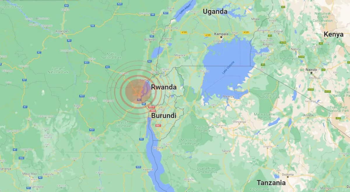 Plane crashed when it left the city of Goma en route to Shabunda in South Kivu province, Congo, on Dec. 23, 2021. (Sreenshot/Google Maps via The Epoch Times)