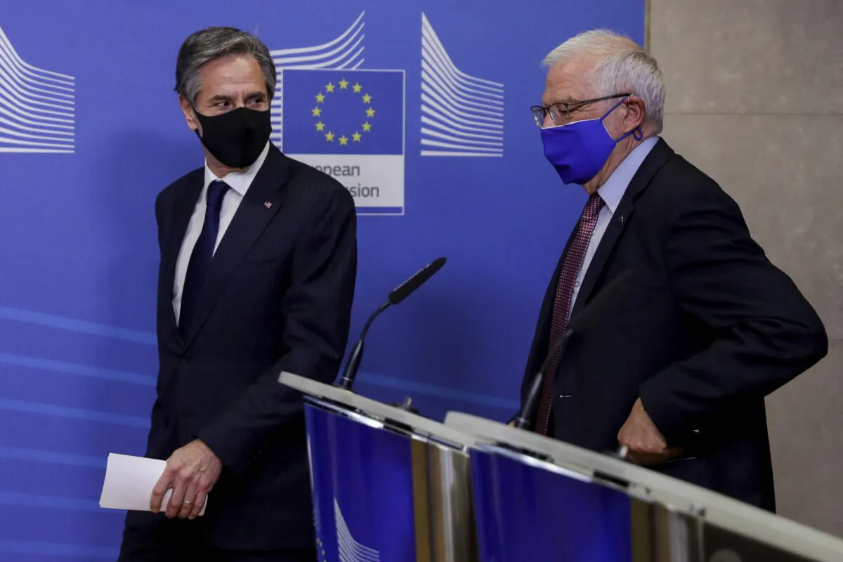 U.S. Secretary of State Antony Blinken (left) and European High Representative of the European Union for Foreign Affairs Josep Borrell arrive to give a press conference ahead of their meeting at the EU headquarters in Brussels, on March 24, 2021. (Olivier Hoslet/Pool/AFP via Getty Images)