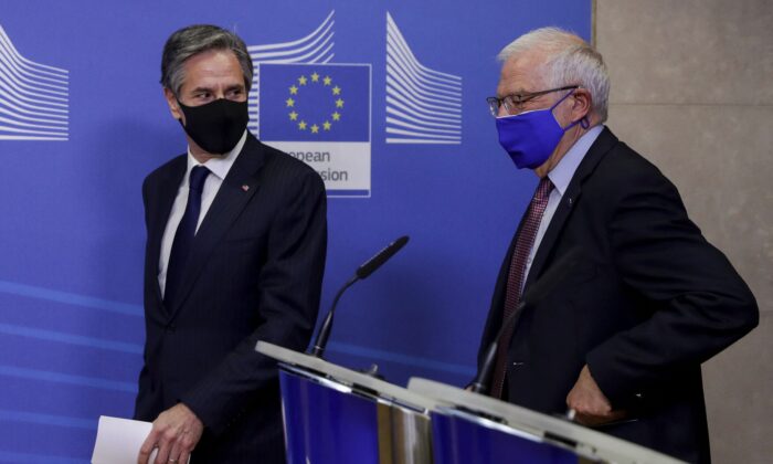 U.S. Secretary of State Antony Blinken (left) and European High Representative of the European Union for Foreign Affairs Josep Borrell arrive to give a press conference ahead of their meeting at the EU headquarters in Brussels, on March 24, 2021. (Olivier Hoslet/Pool/AFP via Getty Images)