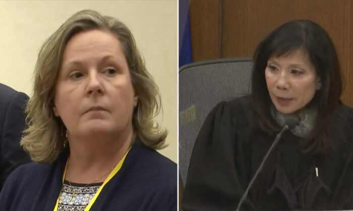 Former Brooklyn Center police officer Kim Potter reacts as Hennepin County Judge Regina Chu reads the verdict at the Hennepin County Courthouse in Minneapolis, Minn., on Dec. 23, 2021. (Court TV via AP, Pool)
