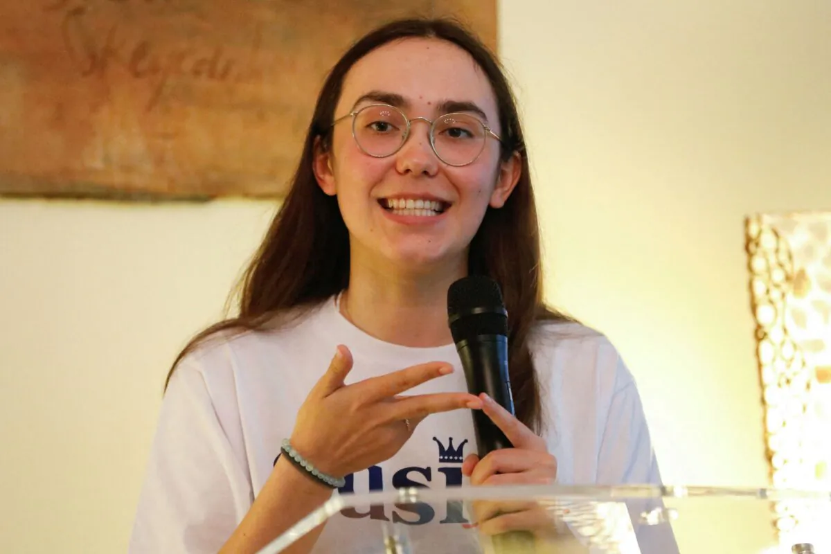Belgian-British pilot Zara Rutherford, 19, gestures as she speaks during a conference at a Belgian ambassador's residence in Jakarta, Indonesia, on Dec. 22, 2021. (Ajeng Dinar Ulfiana/Reuters)