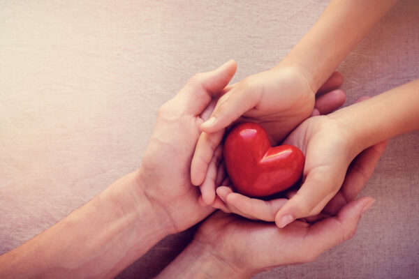 Adult,And,Child,Hands,Holding,Red,Heart,,Health,Care,Love,