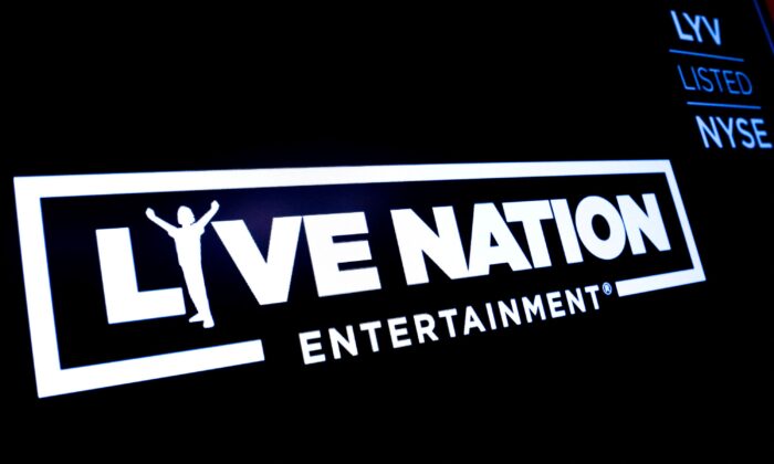 The logo and trading information for Live Nation Entertainment is displayed on a screen on the floor at the New York Stock Exchange (NYSE) in New York, on May 3, 2019. (Brendan McDermid/Reuters)