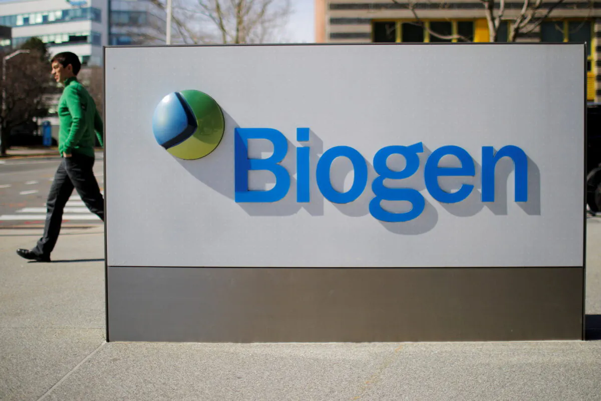 A sign marks a Biogen facility in Cambridge, Mass., on March 9, 2020. (Brian Snyder/Reuters)