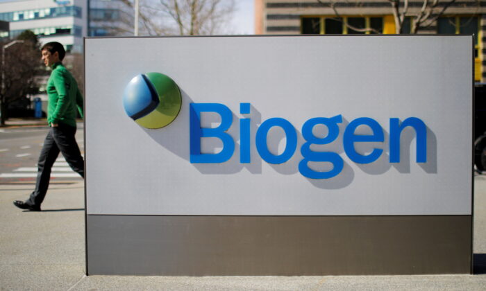A sign marks a Biogen facility in Cambridge, Mass., on March 9, 2020. (Brian Snyder/Reuters)