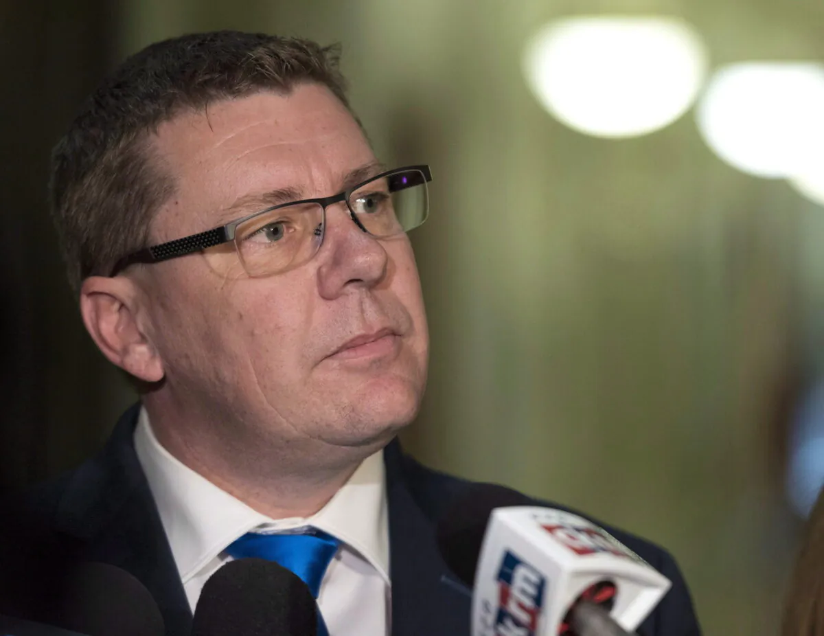 Saskatchewan Premier Scott Moe speaks to media after a meeting with Prime Minister Justin Trudeau at the Legislative Building in Regina on March 9, 2018. (Michael Bell/The Canadian Press)