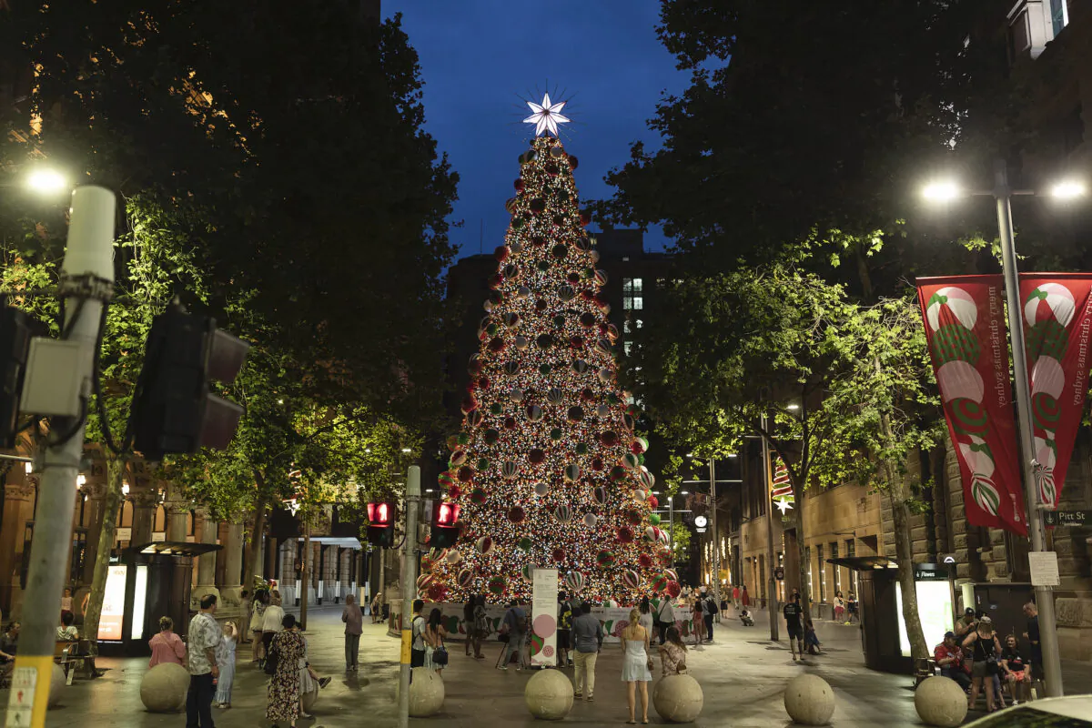The Martin Place Christmas tree lights up in Sydney, Australia, on Nov. 28, 2020. (Brook Mitchell/Getty Images)
