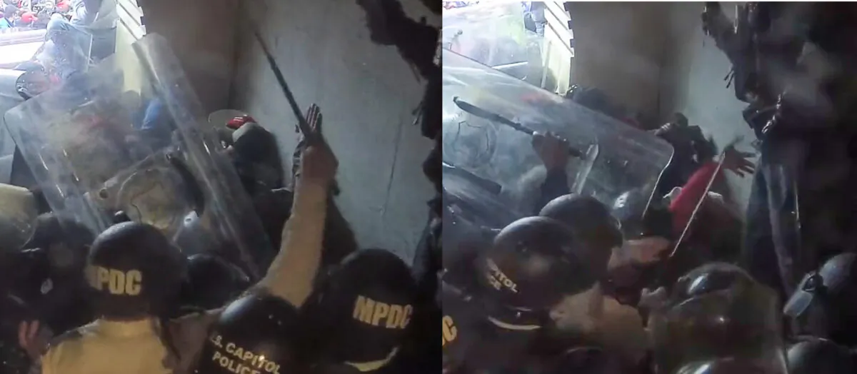 A man believed to be a police supervisor repeatedly strikes Victoria White with a baton. (Screen Capture/Joseph McBride)