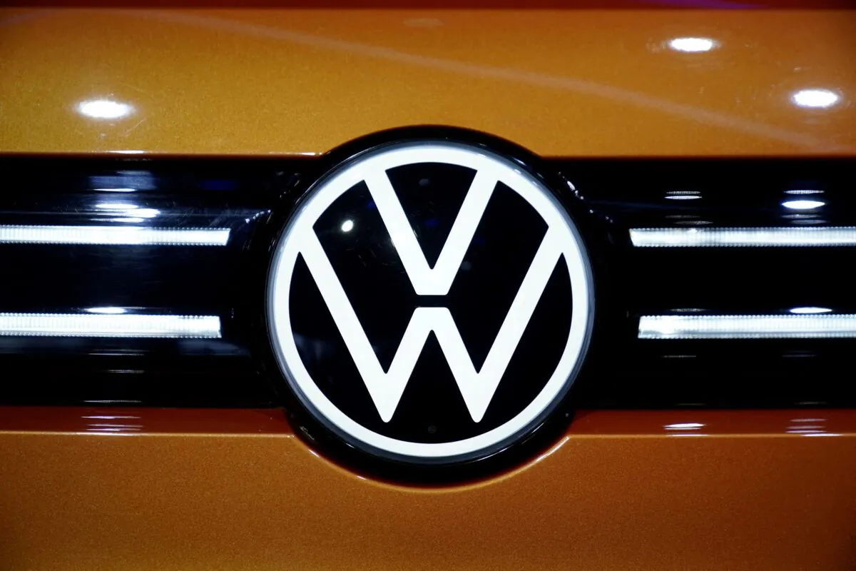 A Volkswagen logo is seen as it launches its ID.6 and ID.6 CROZZ SUV at a world premiere ahead of the Shanghai Auto Show, in Shanghai, China, on April 18, 2021. (Aly Song/Reuters)
