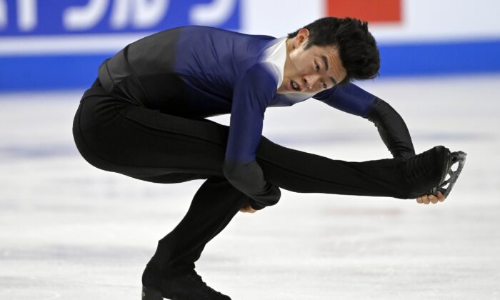 Nathan Chen, of the United States, performs in the men's free skate program, at the Skate America figure skating event in Las Vegas, Calif., on Oct. 23, 2021. (David Becker/AP Photo)