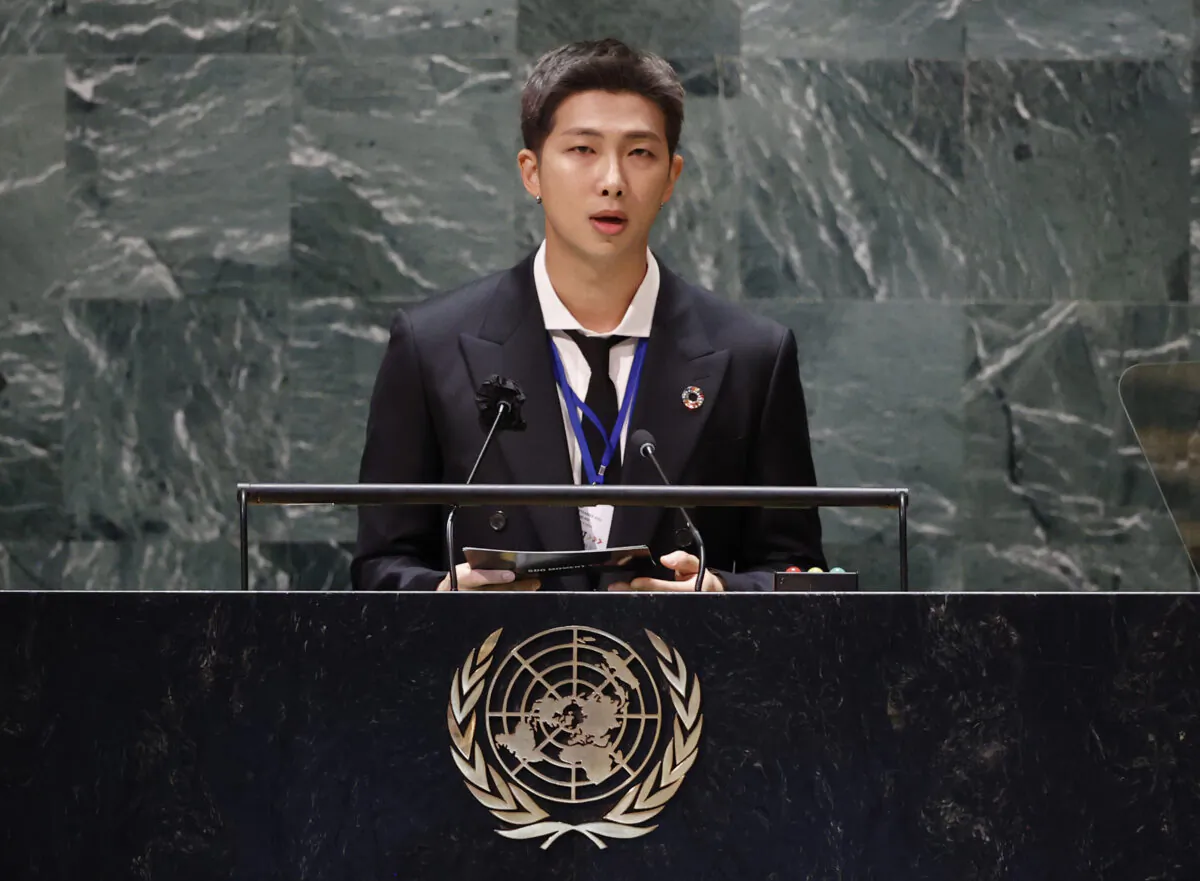 RM, of the South Korean K-pop band BTS, speaks at the Sustainable Development Goals at the United Nations Headquarters, on Sept. 20, 2021. (John Angelillo/Pool Photo via AP)