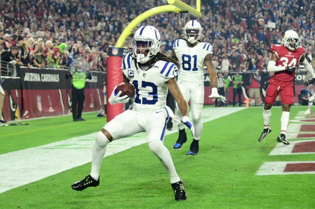 Indianapolis Colts wide receiver T.Y. Hilton (13) makes a touchdown catch against the Arizona Cardinals during the first half at State Farm Stadium in Glendale, Arizona, USA; Dec 25, 2021; (Mandatory Credit: Joe Camporeale-USA TODAY Sports)