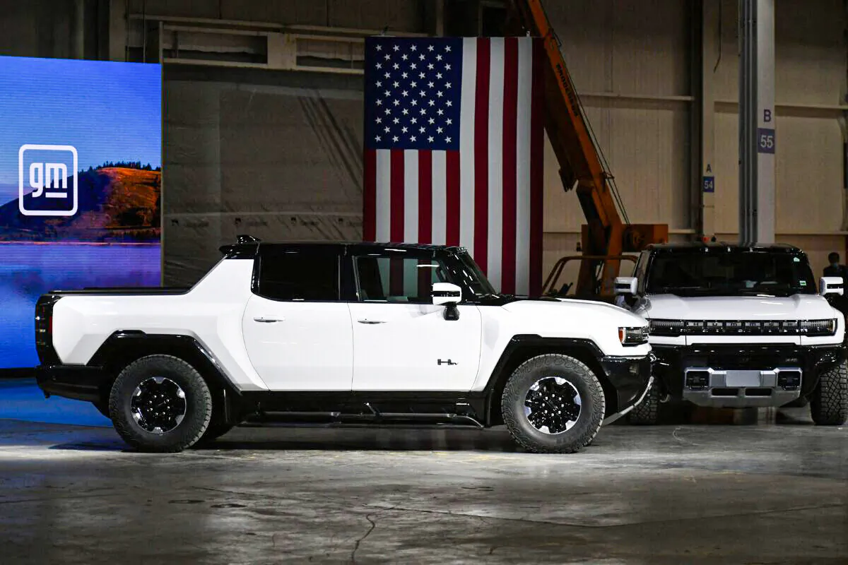 GMC Hummer EVs are seen as the U.S. president tours the General Motors Factory ZERO electric vehicle assembly plant in Detroit, Mich., on Nov. 17, 2021. (Mandel Ngan/AFP via Getty Images)