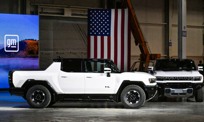 GMC Hummer EVs are seen as the US president tours the General Motors Factory ZERO electric vehicle assembly plant in Detroit, Michigan on Nov. 17, 2021. (Mandel Ngan/AFP via Getty Images)